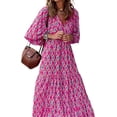 thumbnail image 3 of Vestido largo bohemio con mangas abullonadas para mujer, vestido informal de verano con cordón Floral y cuello en V, vestidos sueltos para vacaciones y playa, 3 of 5