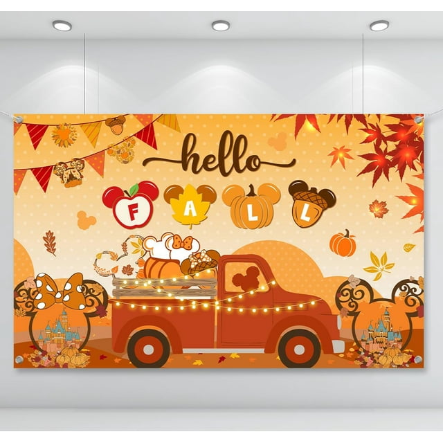 Hello Fall Backdrop Decoration,Fall Theme Supplies Mouse Pumpkin Photography Background Banner Maple Leaf Photo Props for Thanksgiving Party Decoration