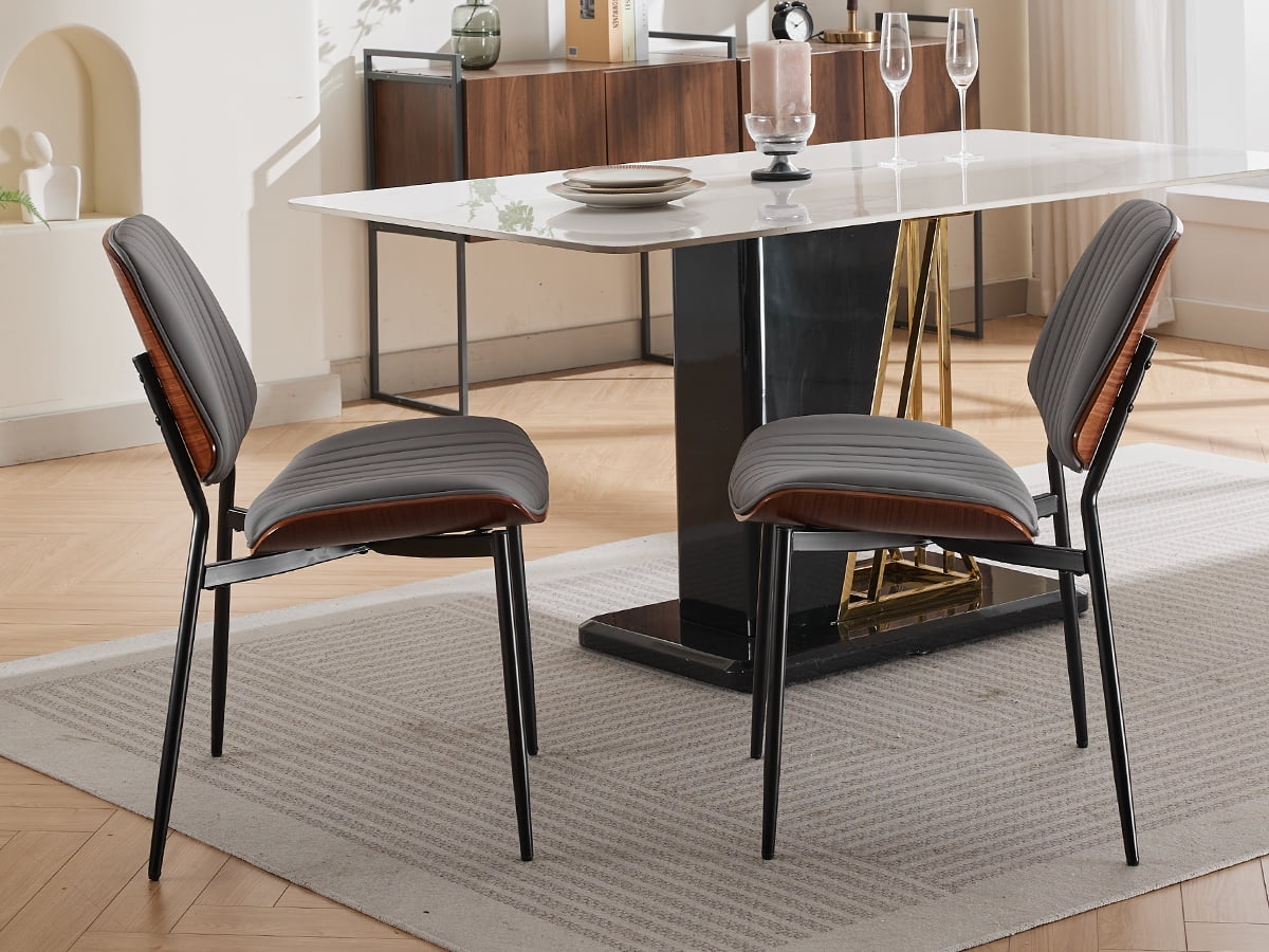 Mid Century Modern Dining Chairs Set of 4, Grey Kitchen & Dining Room Chairs Set of 4, Upholstered PU Leather Kitchen Chairs for Dining Table, Sillas de Comedor, Metal Leg, Walnut Back (Grey, 4 Pcs)
