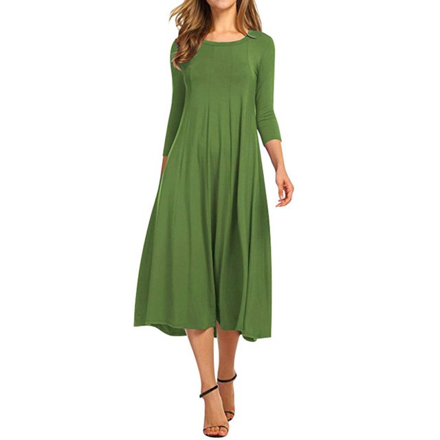 BJYX Col Rond Mi-Manche Couleur Unie Grande Robe Swing Patchwork Coutures 3/4 Manches Col Rond Swing Robe Mi-Longue