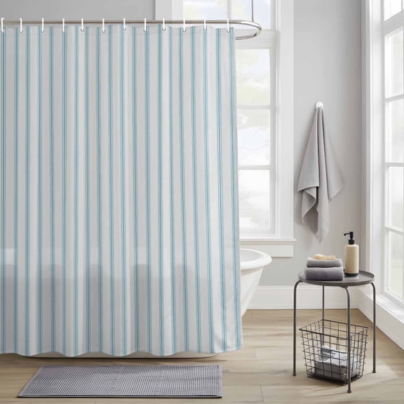 Bathroom Shower Curtain Ocean Blue Stripes Seamless Ticking Stripe Waterproof Shower Curtains with Hooks, Farmhouse Pinstripe Bath Curtains Bathtub Curtain Home Decor 36x72in