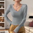 thumbnail image 2 of Arlun,Women's V Neck Plain T Shirts Trendy Plus Size Soft Comfortable Lightweight Tshirts Fall Womens Long Sleeve Slim Fit Basic Pullover Tops 2025 Light Gray S, 2 of 4