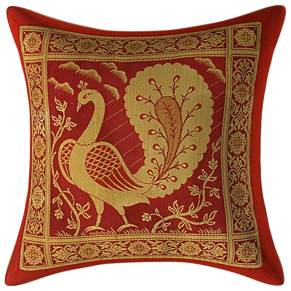 Stylo Culture Indian Zippered Decorative Brocade Burgundy Maroon And Gold Sofa Throw Pillow Covers 12x12 Jacquard Weave Christmas Pillow Case Covers Peacock Floral 30x30 cm Cushion Covers (1 Pc)