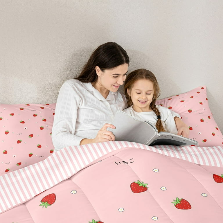 Roze Perzik Dekbedovertrek 140x200cm - Kawaii Fruit Print Met Kussensloop