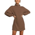 thumbnail image 2 of Fsqjgq Fall Dresses for Women 2024 Turtleneck Long Lantern Sleeve Casual Loose Short Oversized Sweater Dress Winter Pullover Brown-D S, 2 of 5