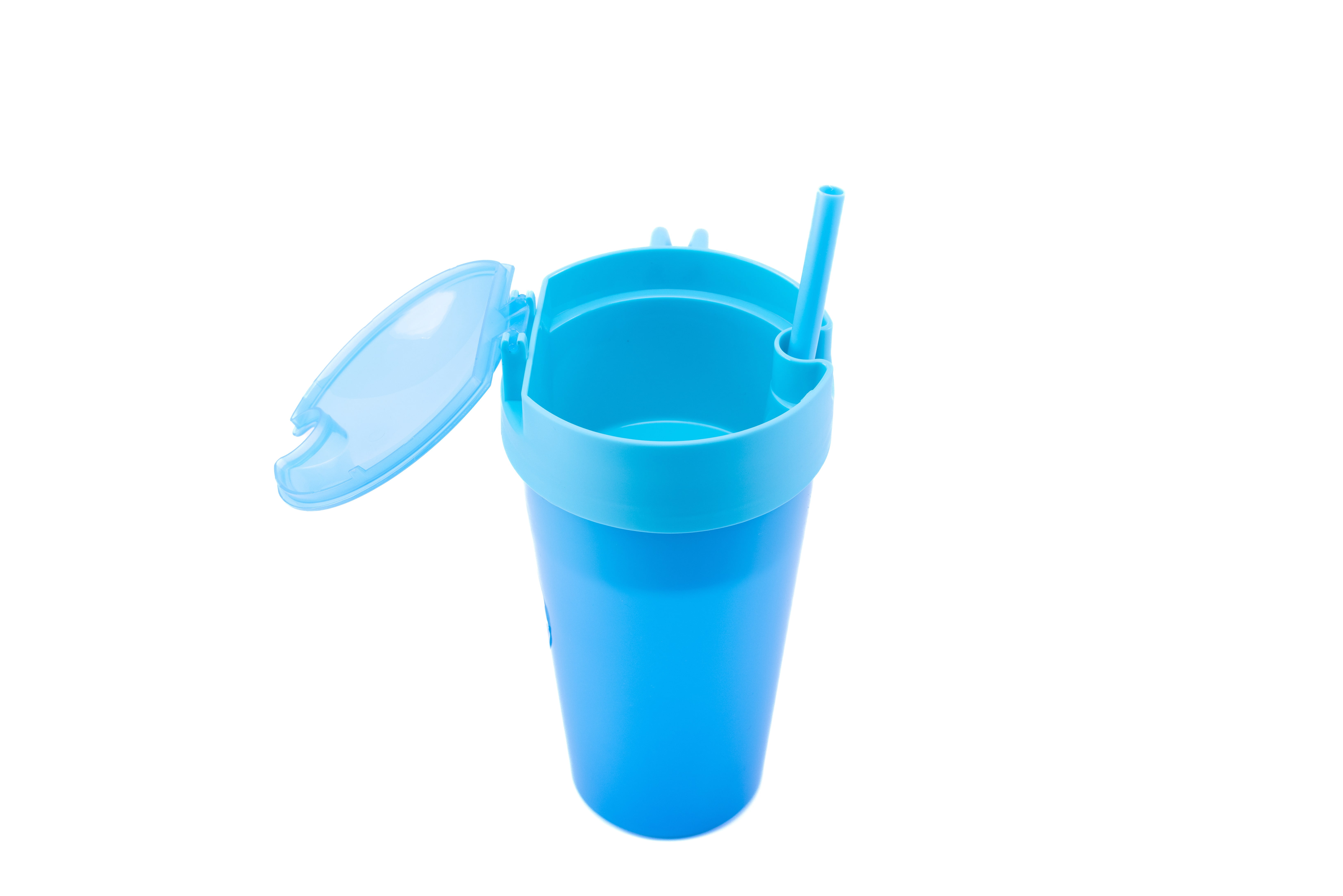 Mainstays 24 oz Plastic Snack Tumbler with Straw, Blue, Color Changing, Includes Snack Compartment with Lid