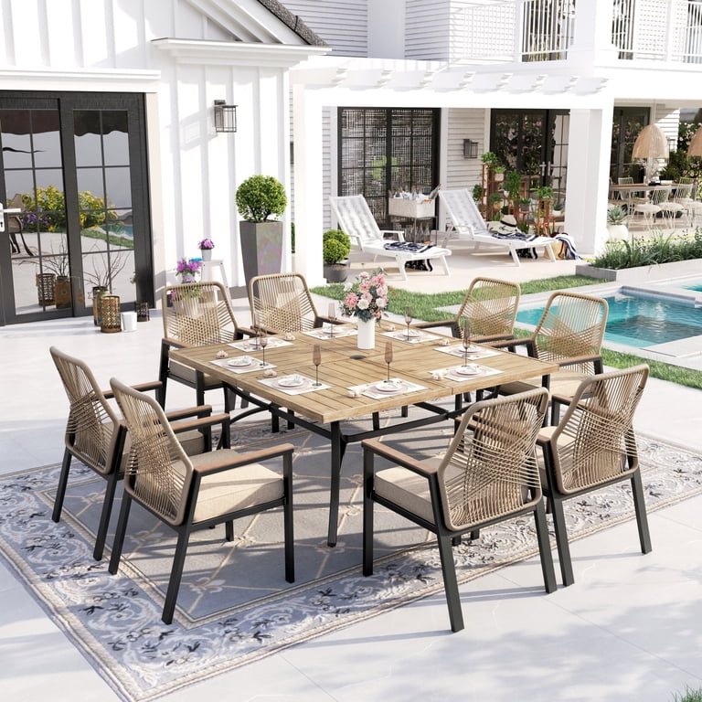 iwicker patio square steel dining table with umbrella hole Outdoor 37 Inch Iron 1.57'' Nuu Garden Each chair is designed for easy stacking and boasts a weight capacity of 350 lbs Summit Living 7-Piece Outdoor Patio