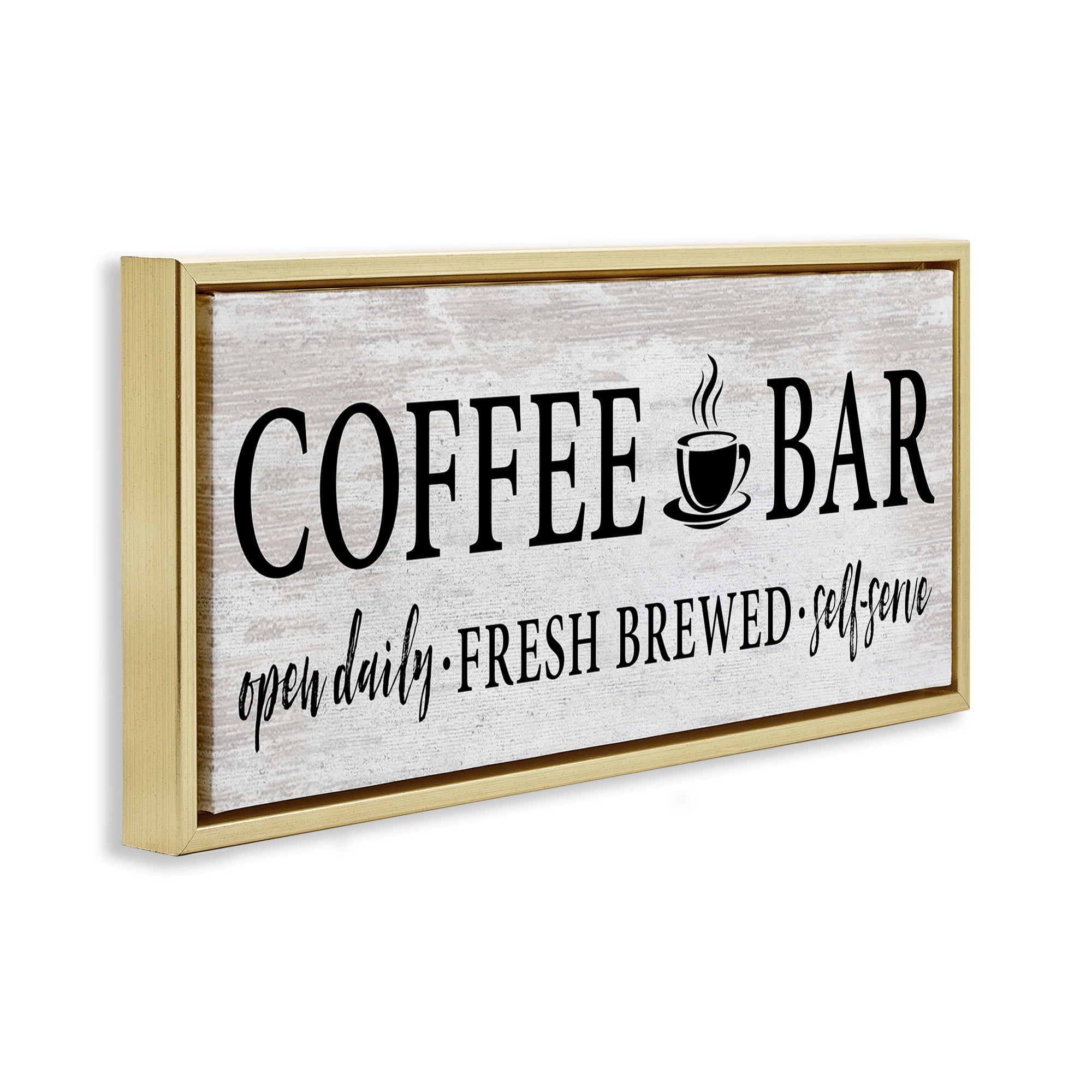 Stupell Industries Coffee Bar Cafe Rustic Sign Food & Beverage Painting Gold Floater Framed Canvas Art Print Wall Art, 25 x 11