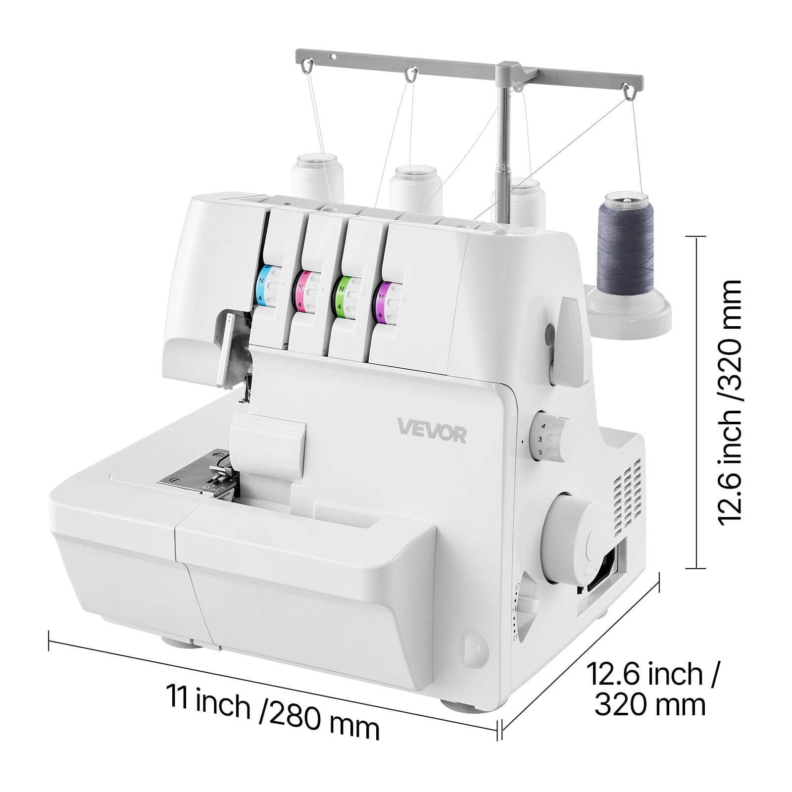 VEVOR Serger Overlock Sewing Machine, 1250 Stitches Per Minute, 2-3-4 Thread Capability, 0.7-2 Adjustable Differential Feed, with Free Arm and LED Light, Sewing Machine for Various Fabrics, White