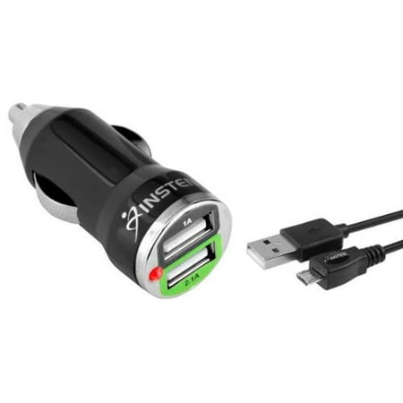 Dual Universal 2 Usb - insten 2.1 Amp High-Power USB Car Charger Dual Ports Adapter with 2-pack 10' long micro usb Cable for Smartphone Cell Phone Tab Tablet Android Device Universal - Black