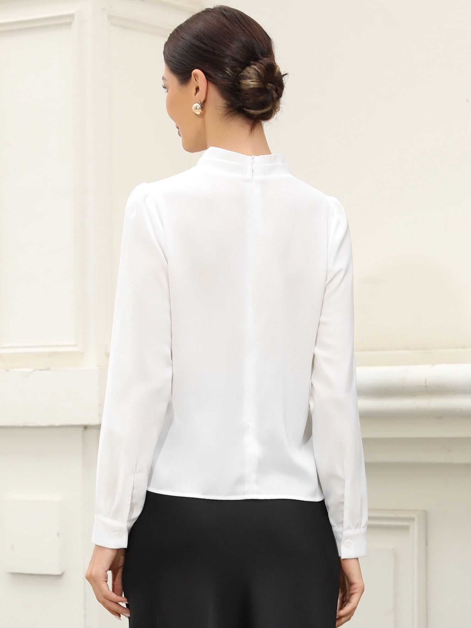DARING DIVA Women's Work Business Pleat Mock Neck Puff Long Sleeve Blouse L White