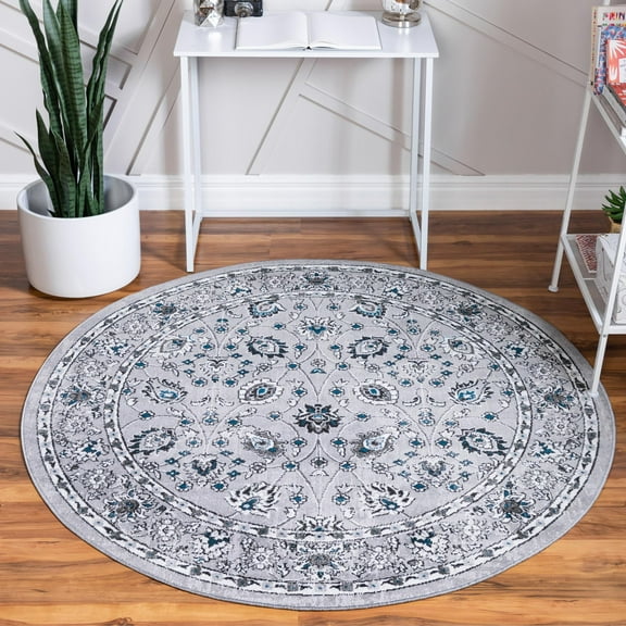 Unique Loom Aarhus Collection Area Rug - Floral (5' 3" Round Gray/Black)