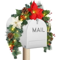 Christmas Mailbox Swag Garland with Poinsettias Flowers, Battery Powered Lighted Christmas Artificial Garland with Pine Cone & Red Berries Holiday Decorations Indoor Outdoor