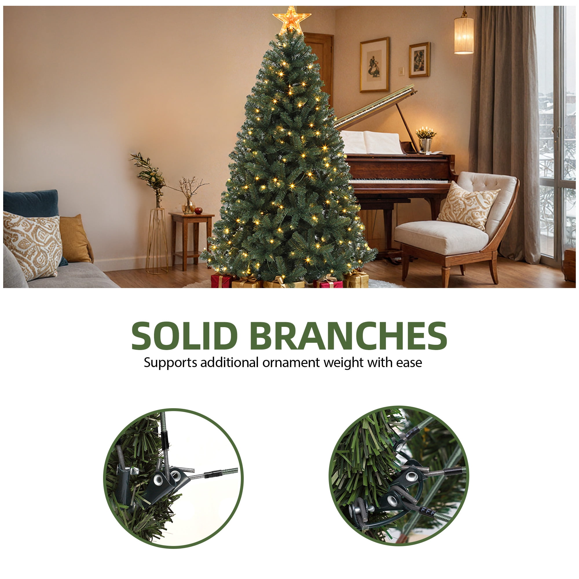 Uforic 6ft Pre-Lit  Artificial Christmas Tree with 1000 Branch Tips&250 Warm Lights, Remote Control, Green