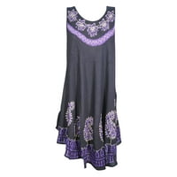 Mogul Womens Purple/Blue Batik Embroidered Tank Dress Sleeveless Flare Hem Beach Wear Cover Up Sundress L