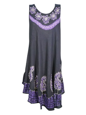 Mogul Womens Purple/Blue Batik Embroidered Tank Dress Sleeveless Flare Hem Beach Wear Cover Up Sundress L