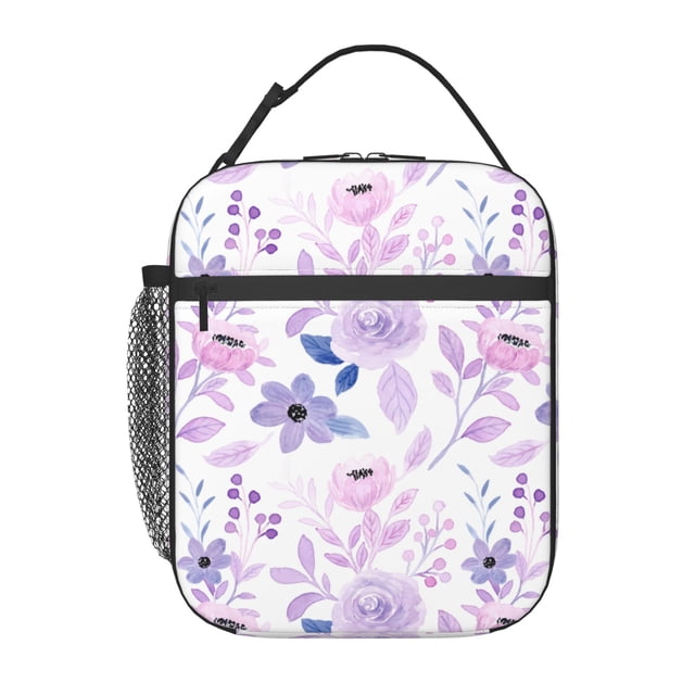 YFYANG Réutilisable Adulte / Enfants Sac Portable Lunch, Purple Floral Watercolor Pattern Mains Libres Poignée Isolation / Sac Froid pour l'École, le Travail, les Pique-Niques, Voyage
