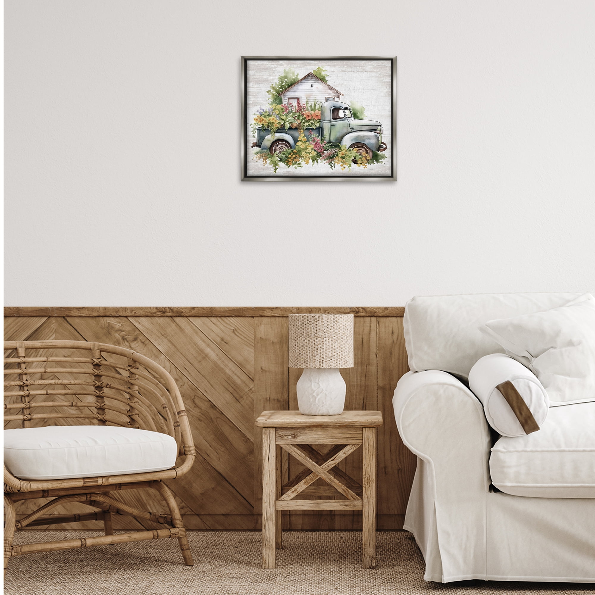 Stupell Industries Country Floral Truck Transportation Painting Gray Floater Framed Canvas Art Print Wall Art, 21 x 17