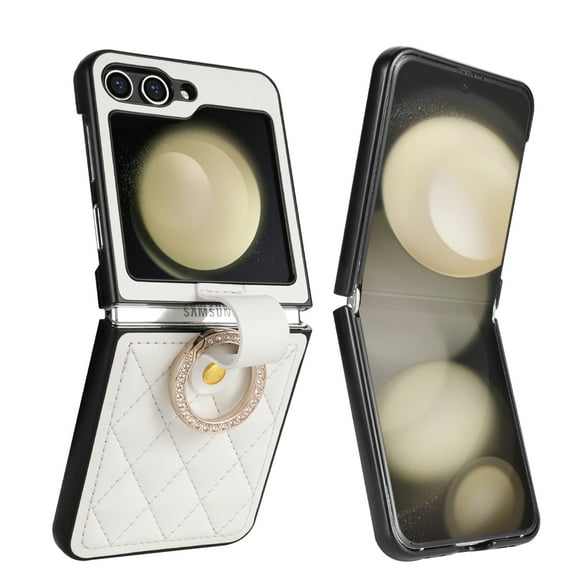 Allytechgroup Case for Samsung Galaxy Z Flip 7, PU Leather Slim Fit Ring Shockproof Military Grade Drop Protection Compatible with Samsung Galaxy Z Flip 7 for Women Girls, White
