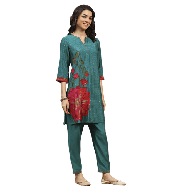 Biba Rangriti Ensemble Kurta et Pantalon Ethnique Indien (Rose Retreat 22278), Sarcelle, Taille 32
