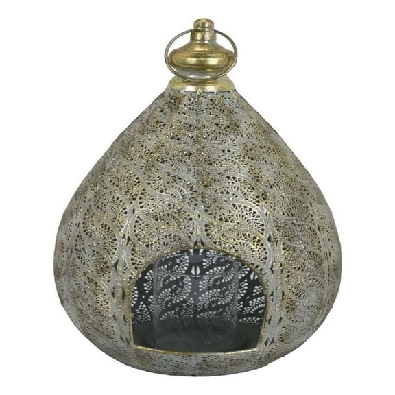Benjara 18" Decorative Lantern- Embossed Design- Tear Drop Shape- Gold Metal