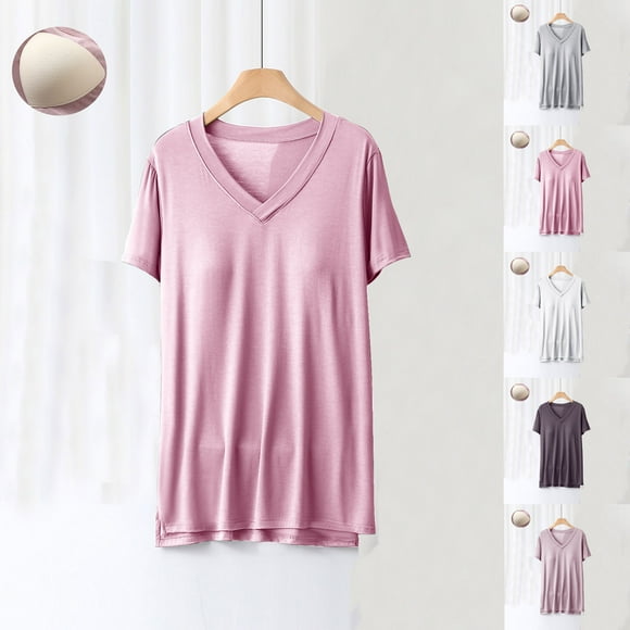 breaise Womens V Neck T Shirts with Built-in Bra Short Sleeve Summer Tops Casual Basic Tee Shirt 2026 Trendy Fashion Clothes