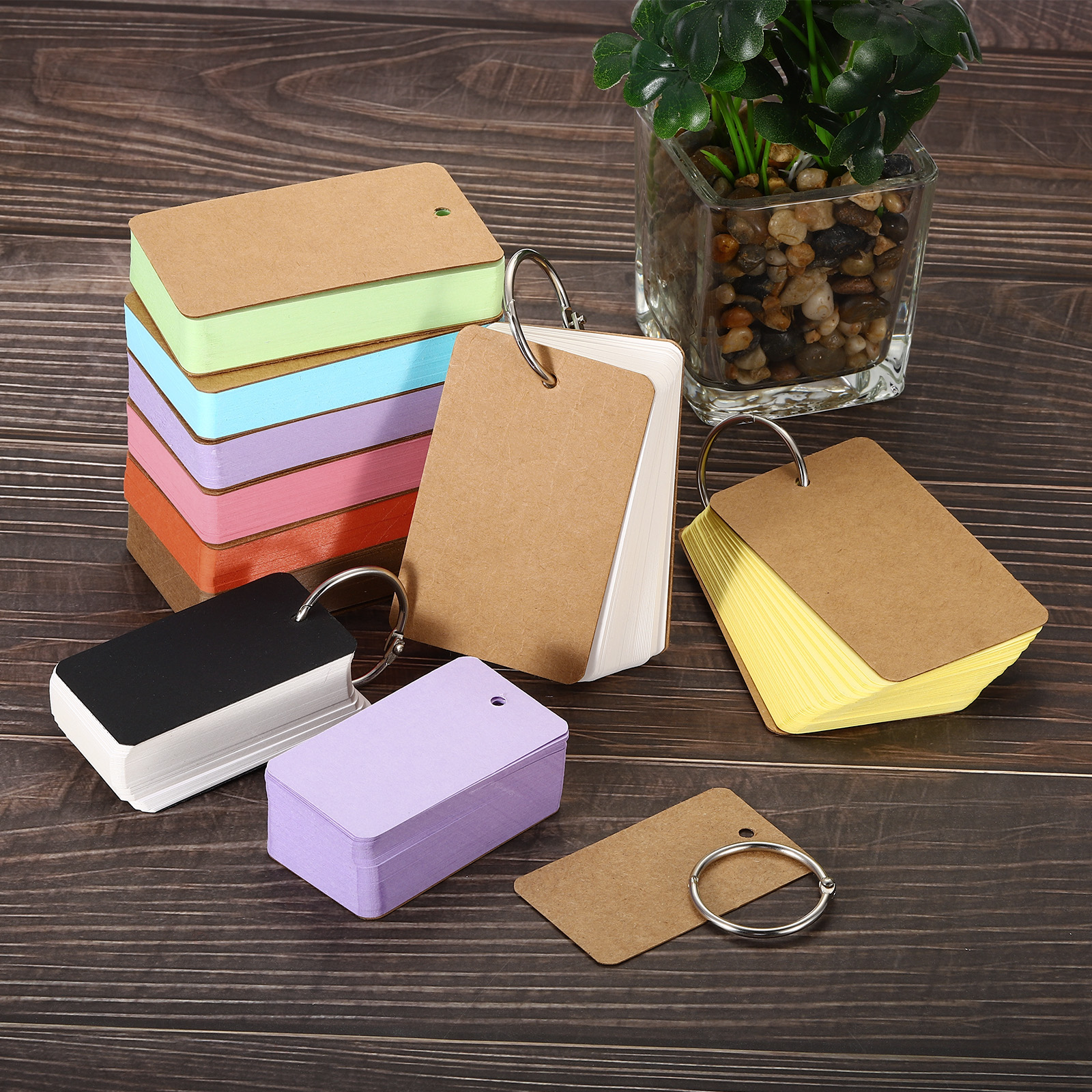 Uxcell 3.5" x 2" Blank Flash Cards with Rings Study Cards Index Cards Note Card Pre Hole Punched Assorted Color 8 Pack