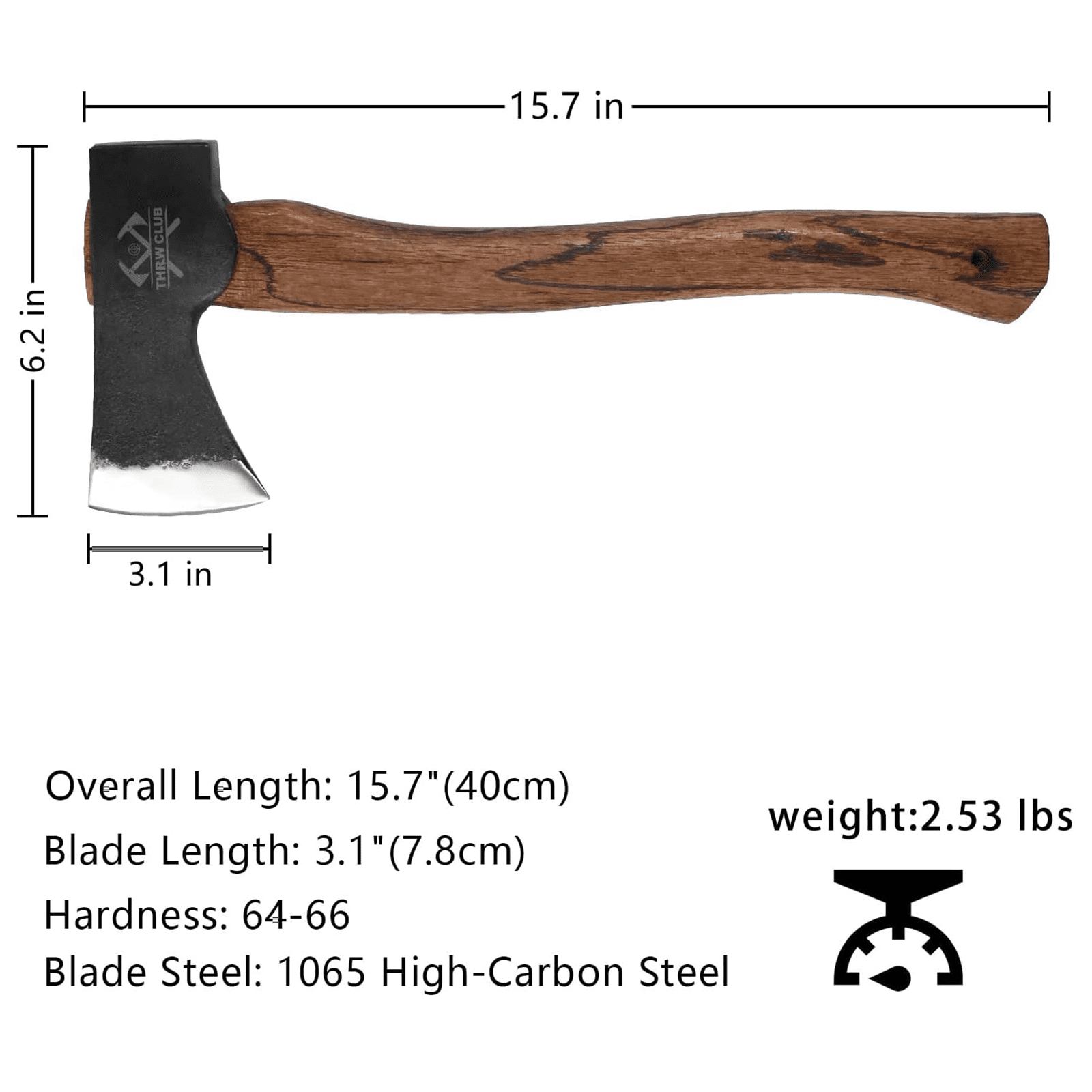 THRWCLUB 15.7" Camping Hatchet, Hand Forged 1065 Carbon Steel Wood Axe with Wooden Handle, Bushcraft Camp Axe with Sheath & Sharpener