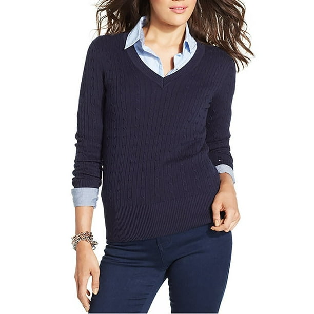 Tommy Hilfiger - Tommy Hilfiger Women's V-Neck Knit Sweater (Navy, X ...