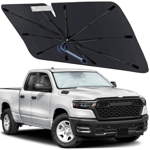 Windshield Sun Shade Umbrella for Dodge RAM 1500/2500 2013-2026, Foldable Car Sunshade for Front Window with 360° Rotating Shaft, Custom-Fit Parasol para Carro for UV Blocking & Heat Reduction