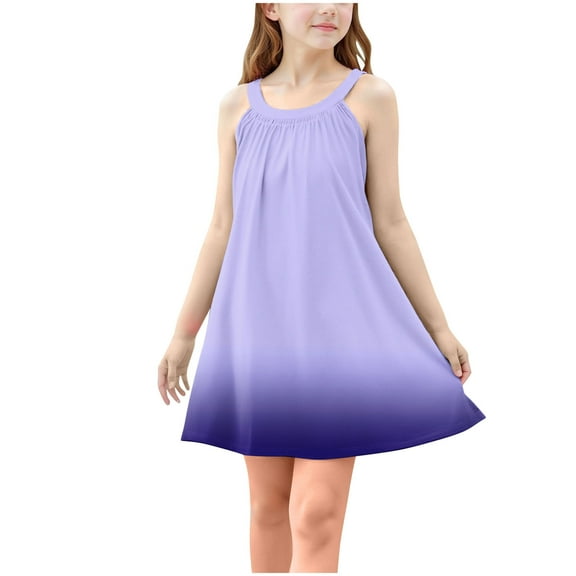 Moocorvic Girls Dresses Sleeveless Summer Swing Sundress Kids Outfits Gradient Printed Casual Sling Dress 13-14 Years,Purple