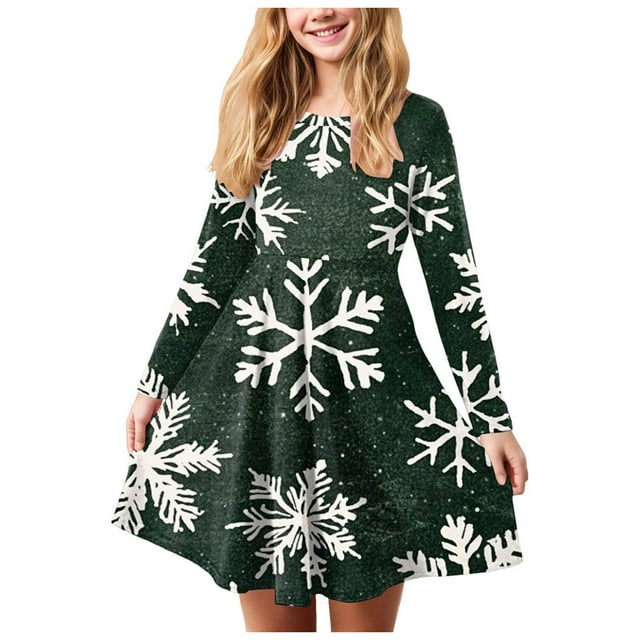Splozh Robe de Noël pour Tout-Petit Bébé Fille Robe de Noël pour Fille Imprimé Bal Fête Fête de Noël Robes pour Fille Vert,13-14 Ans