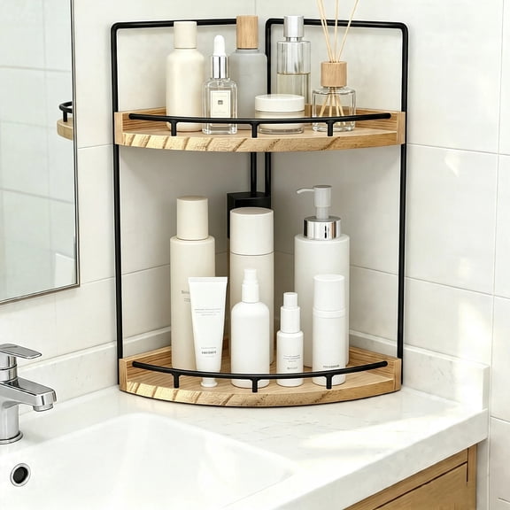 RYLZX 2-Tier Bathroom Counter Organizer,Vanity Counter Corner Shelf, Skincare, Wood Countertop Bathroom Storage and Organization for Kitchen (Brown)