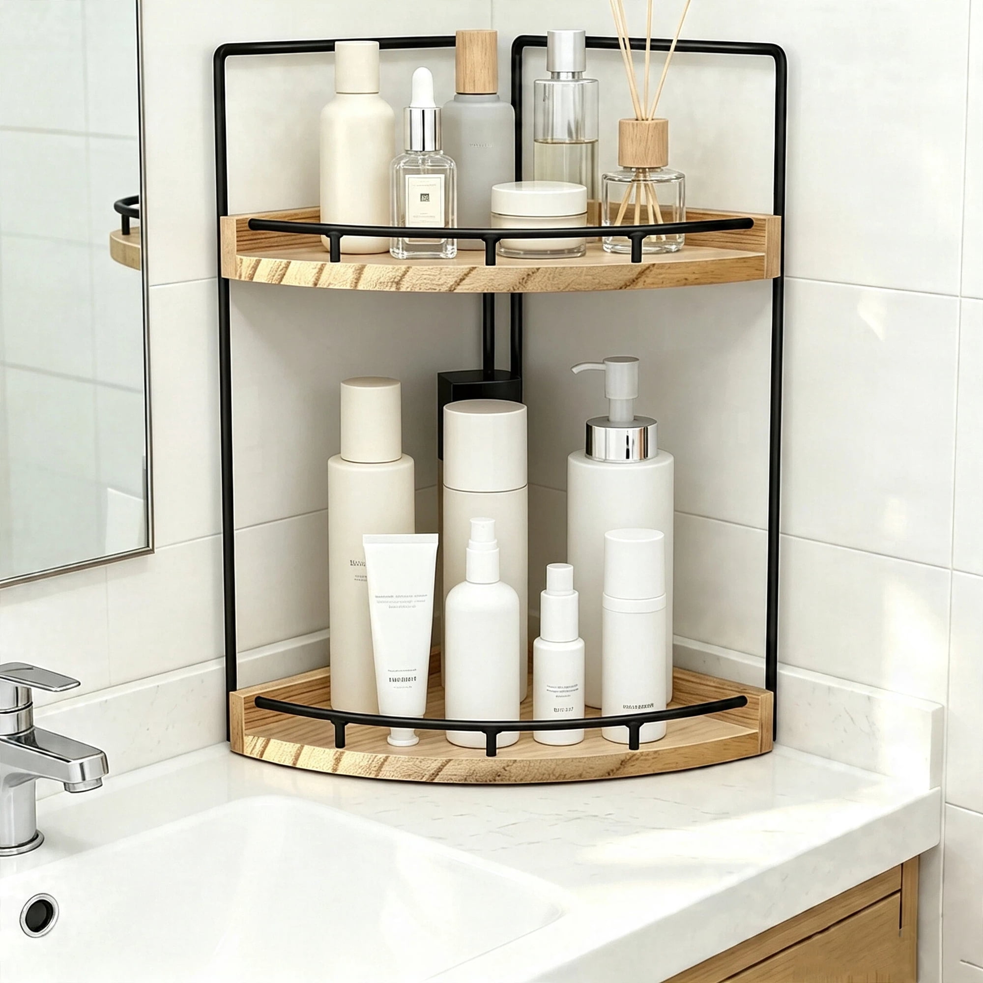 RYLZX 2-Tier Bathroom Counter Organizer,Vanity Counter Corner Shelf, Skincare, Wood Countertop Bathroom Storage and Organization for Kitchen (Brown)