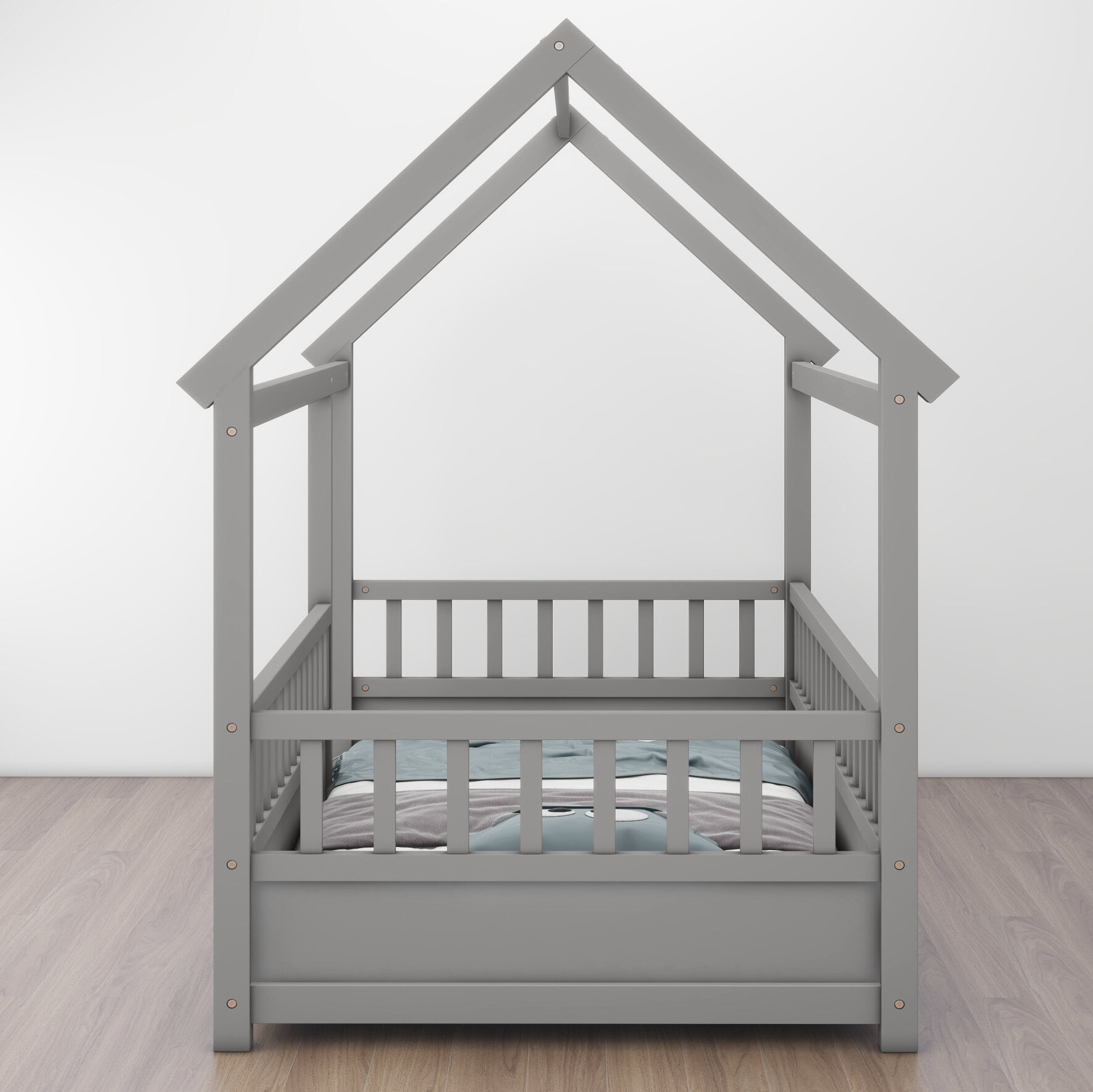 Twin Size Floor Bed with Wooden House Roof & Safety Guardrails for Kids - Sturdy Pine Construction, Grey (Multiple Color Options)