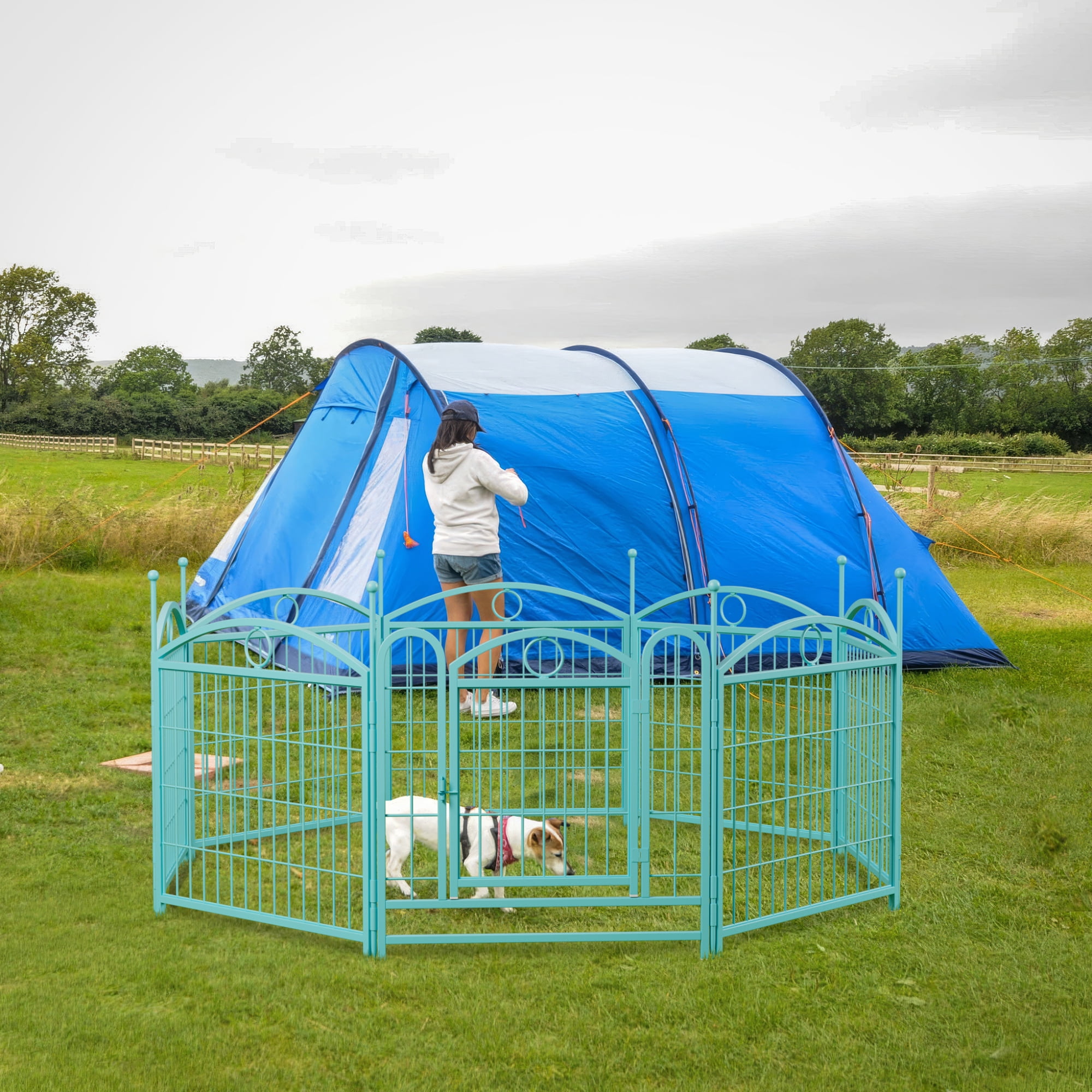 Jopath 24" 8 Panels Metal Dog Pen, Pet Dog Fence Outdoor Foldable Exercise Pen Heavy Duty Dog Fence Puppy Pen with Doors for Large Medium Small Dogs Blue