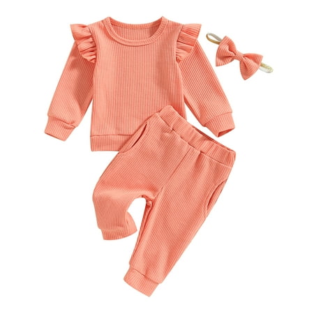 

Musuos 3Pcs Baby Girls Ribbed Ruffles Pullover Sweatshirt Elastic Waist Pants Headband