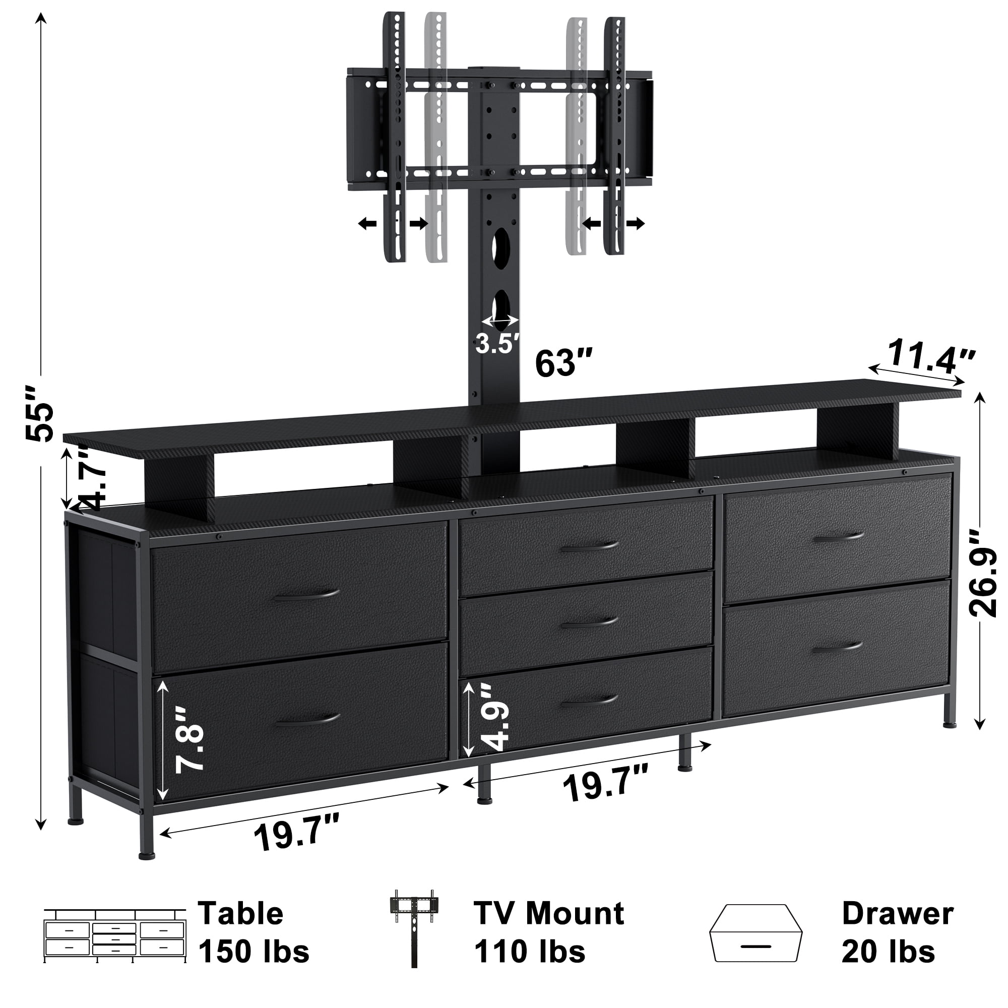 GUNAITO TV Stand with Adjustable Mount for TV up to 75", Big TV Stand for Living Room with 7 Fabric Drawers , Black
