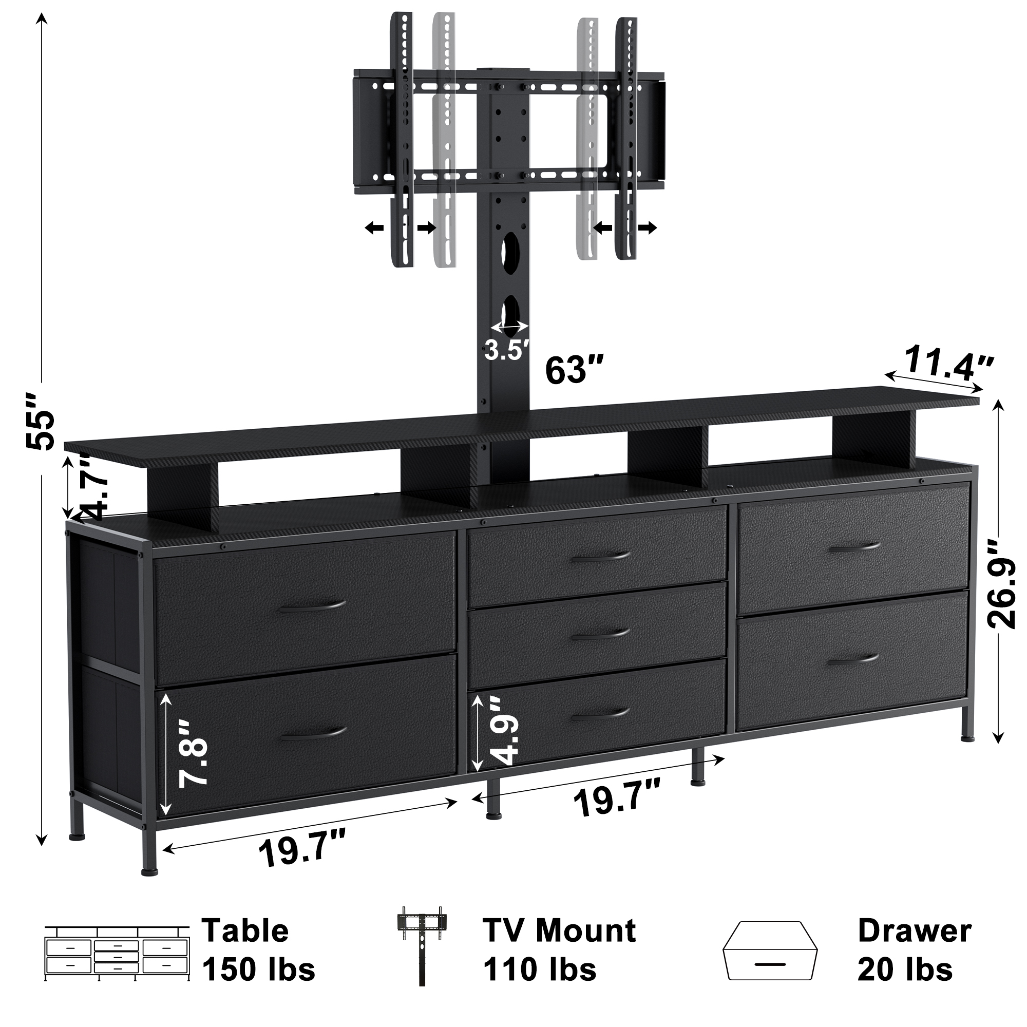 Gunaito 75" TV Stand with Adjustable Mount, Black photo 4
