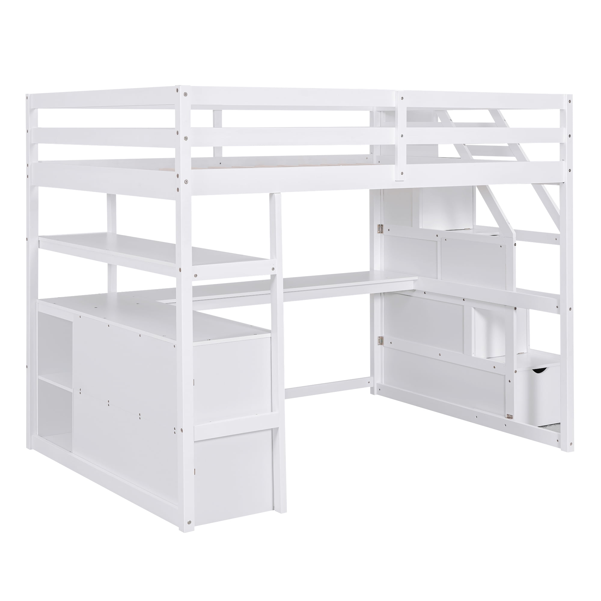 MAYEERTY Full Size Loft Bed - Desk, Shelves, 2 Built-in Drawers, Storage Staircase, White
