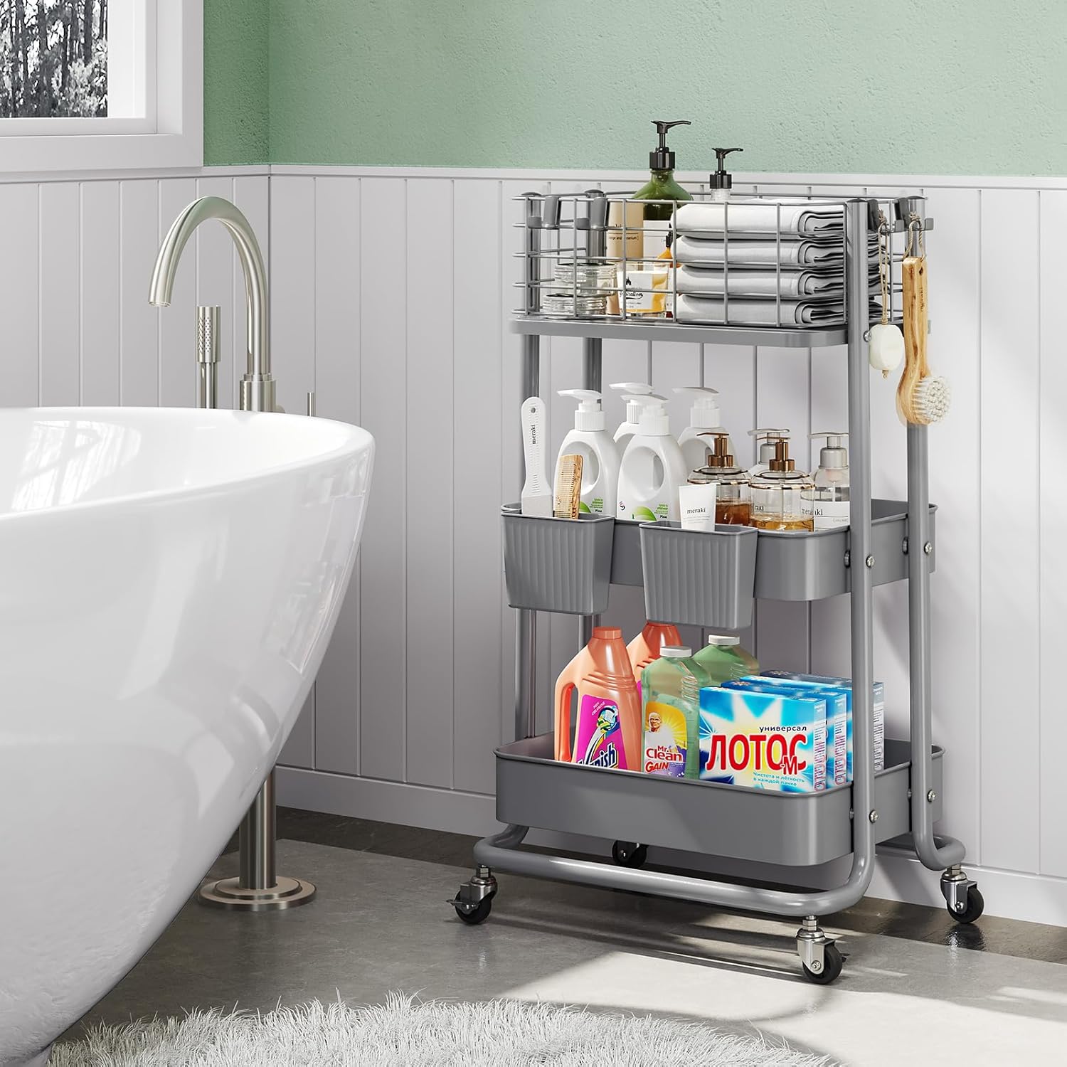 3 Tier Utility Cart, Metal Rolling Cart Organizer, Storage Cart on Wheels, Book Cart, Diaper Cart for Bathroom, Kitchen, Office, Bedroom, Gray