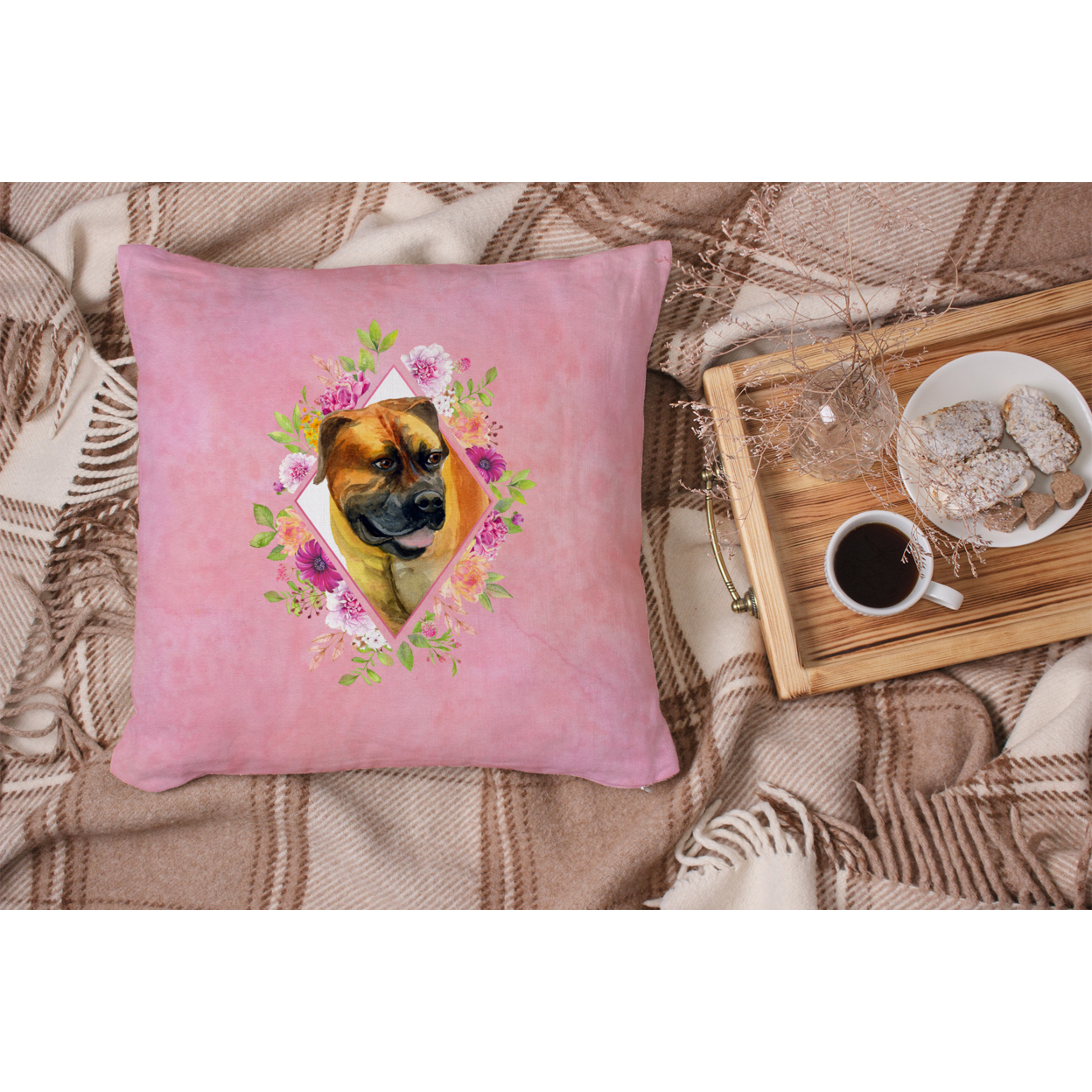 Carolines Treasures CK4121PW1414 Borboel Mastiff Pink Flowers Fabric Decorative Pillow 14Hx14W multicolor