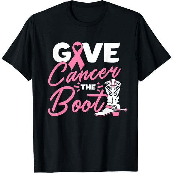 Give Cancer the Boot Pink Ribbon Breast Cancer Awareness T-ShirtMen's and women's gift, black and white T-shirt, size: Extra large S-4XL