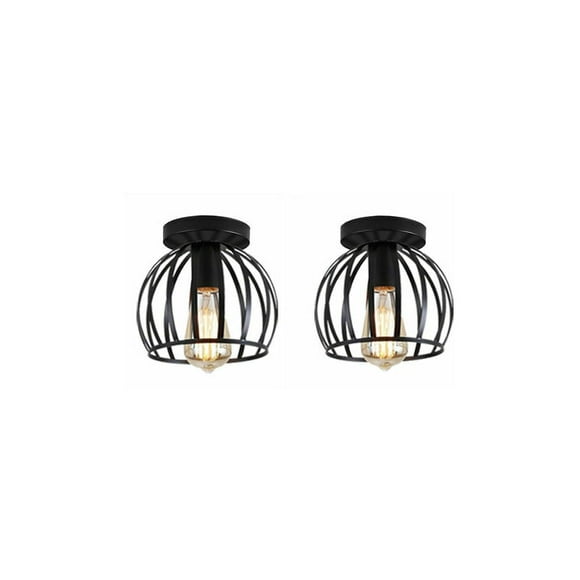 2 pcs rétro fer forgé plafonnier E27 éclairage industriel lampe de plafond métal chambre salon - Noir