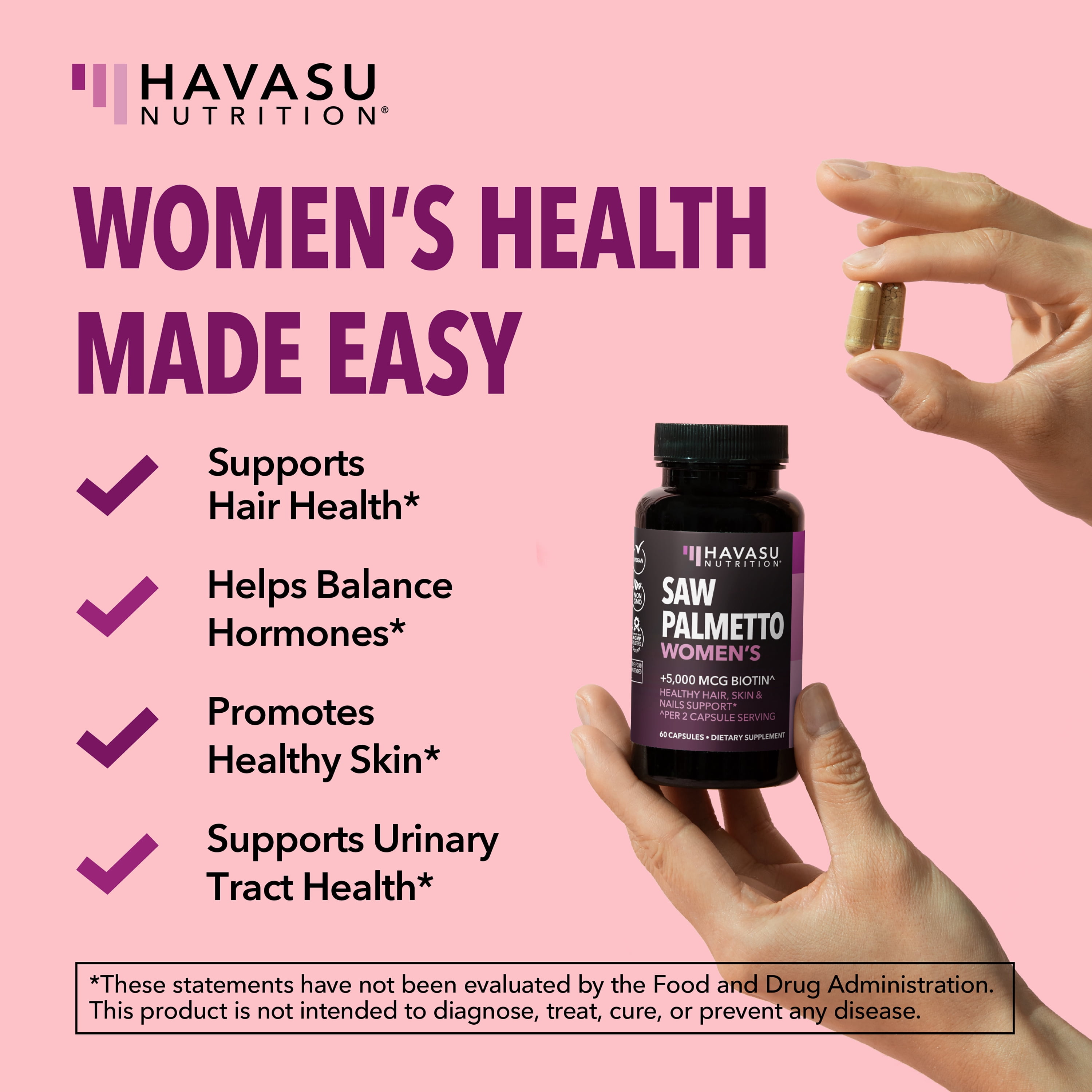 Havasu Nutrition Women’s Saw Palmetto Capsules with 5000mcg Biotin for Hair, Skin, and Nails, 60 Count