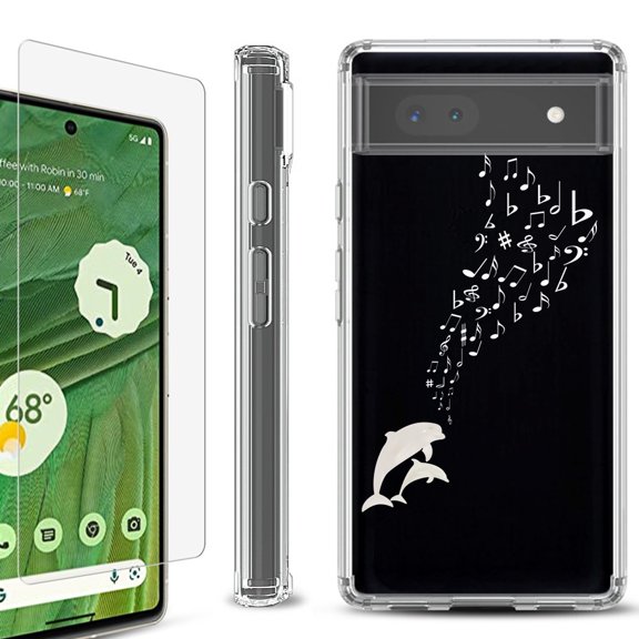 Shockproof Bumper Phone Case for Google Pixel 6a, with Tempered Glass Screen Protector, by OneToughShield ® - Dolphin Music