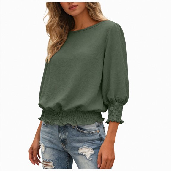 vigerkar Women Smocked Tops Elastic Cinched Waist Top Dressy Blouse 3/4 Length Sleeve Casual Outfits (AG, XXL)