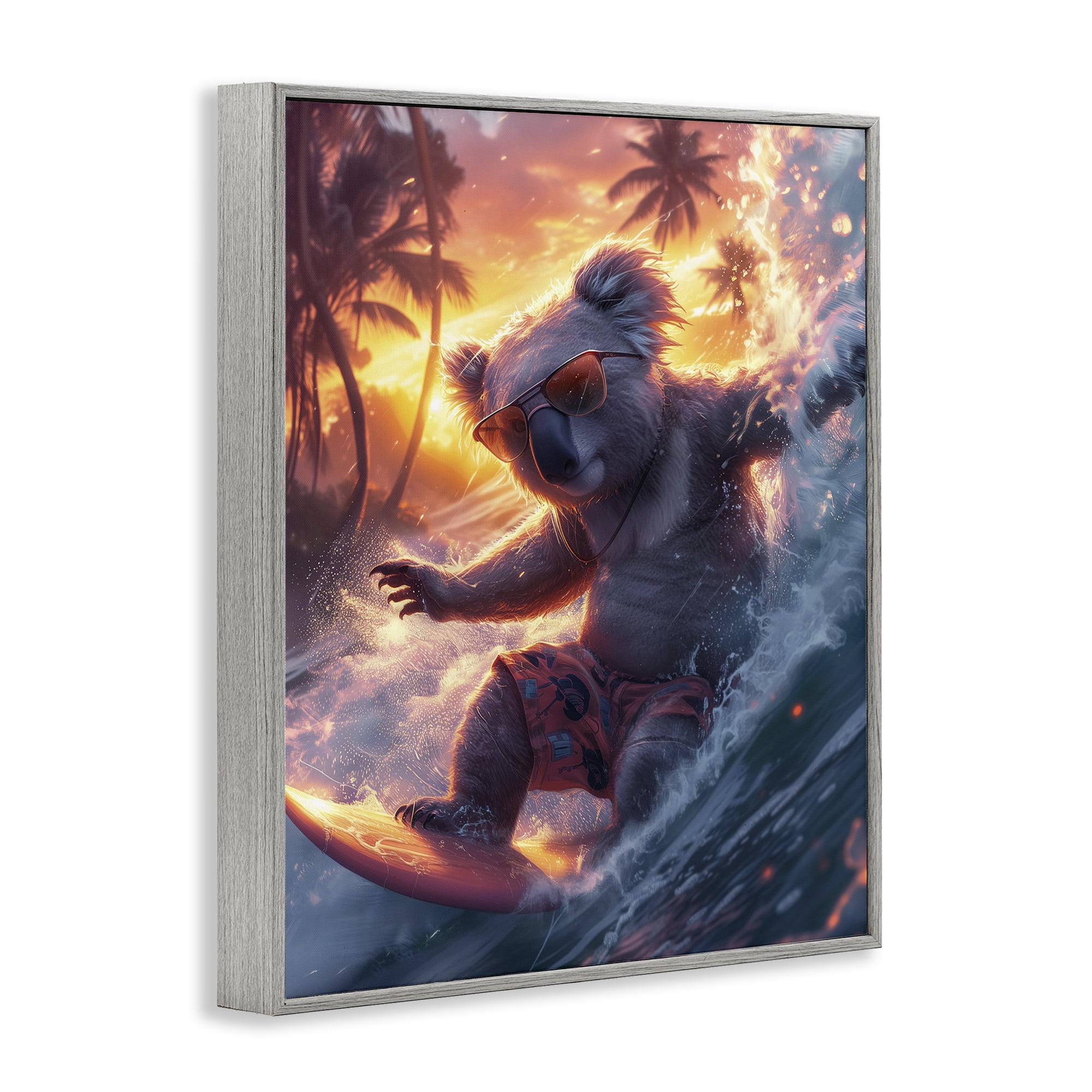 Stupell Industries Surfing Tropical Koala Coastal Painting Gray Framed Art Print Wall Art, 16 x 20