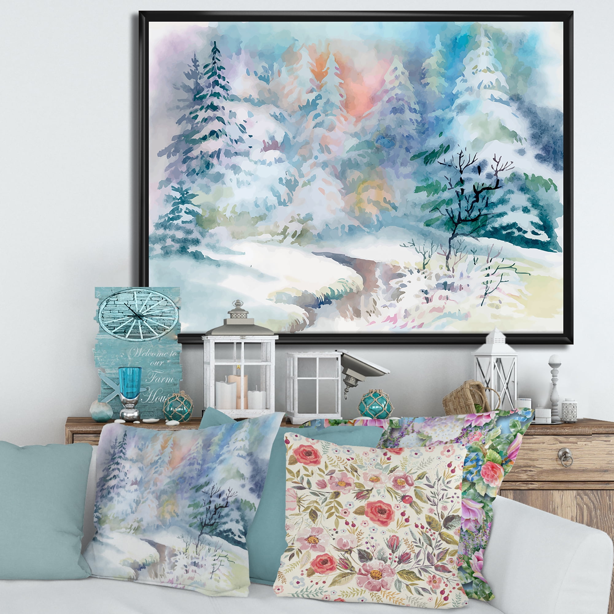 Designart 'Snowy River With Winter Landscape' Traditional Framed Canvas Wall Art Print