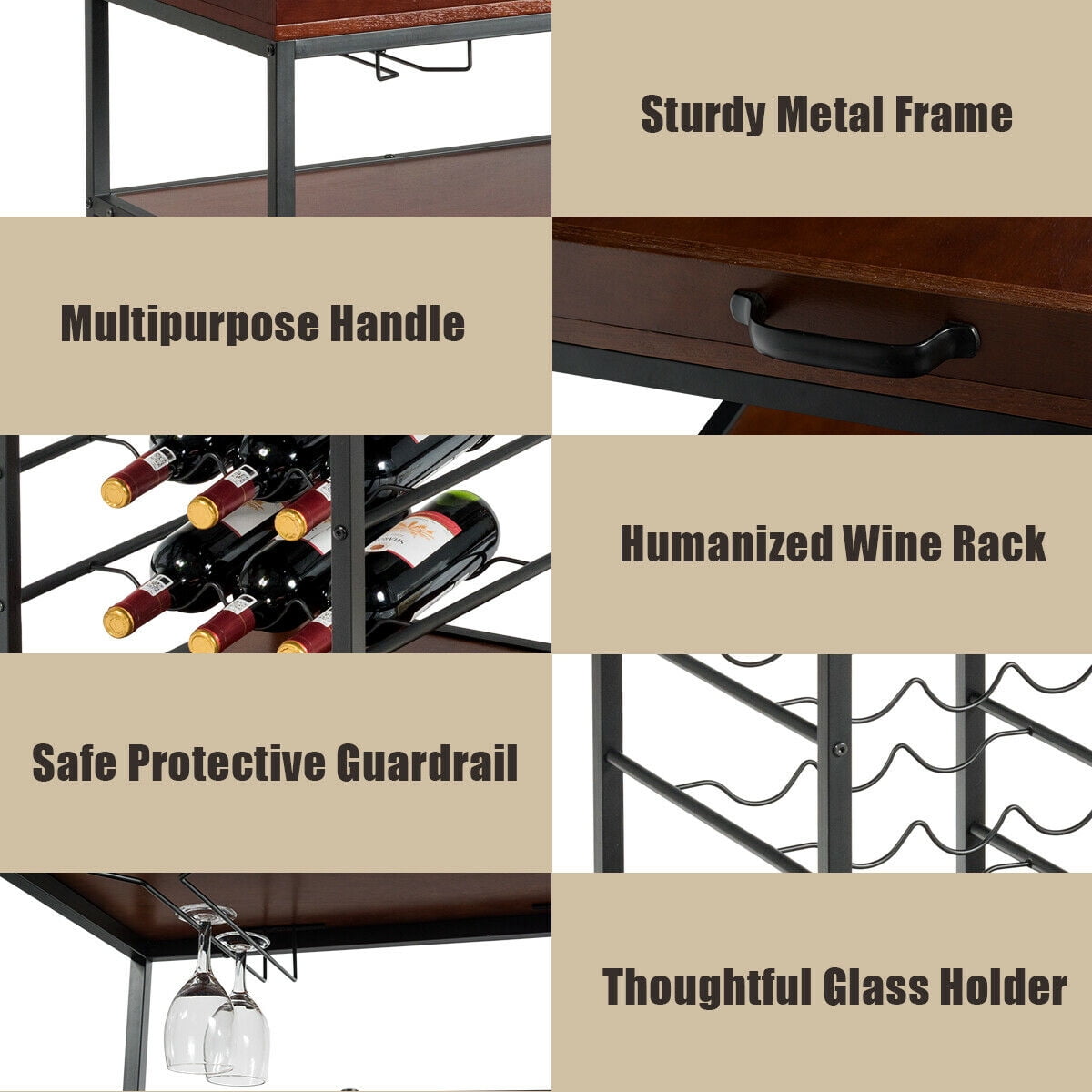 Gymax 3 Tier Storage Kitchen Trolley Bar Serving Cart w/Wine Rack & Glass Holder